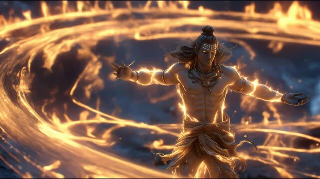 Shiva performs cosmic dance surrounded by fiery energy at dusk