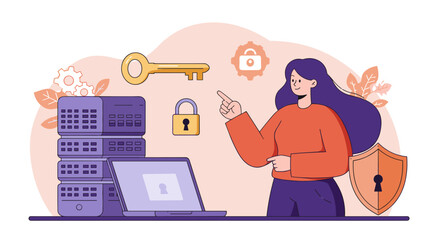 Data security concept with woman pointing at locks and servers