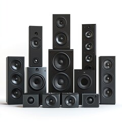 A set of high-end home theater speakers, with multiple speaker models stacked on top of each other to form a pyramid shape. The background is white,