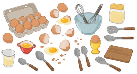Cooking essentials: eggs, utensils, and ingredients in flat design