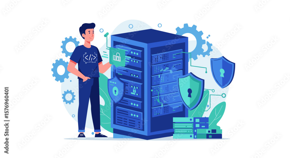 Poster data security concept with person and server in flat style design