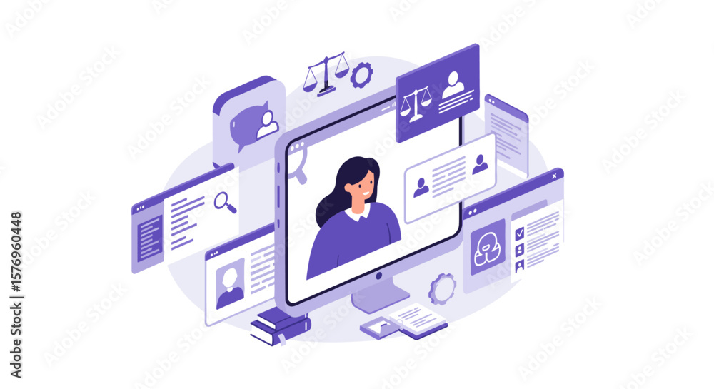 Poster remote work concept with video call and digital collaboration tools in isometric design