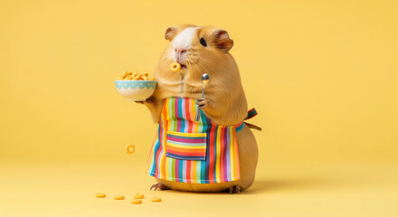Adorable and funny guinea pig, a cute animal, wearing a colorful striped apron and happily eating cereal with a spoon from a bowl, enjoying breakfast.