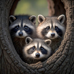 Obraz premium Three adorable baby raccoons peeking out from a hollow tree trunk