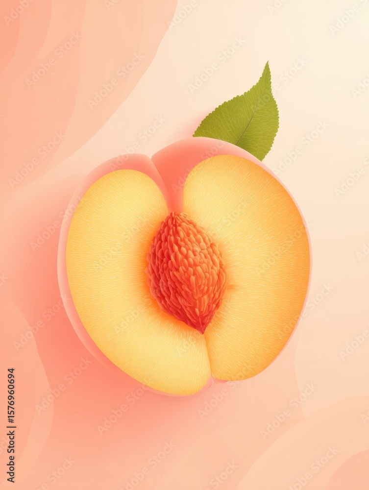 Poster bright stylized peach split showcasing 3d pit, minimal space emphasizes design in a vivid top layout