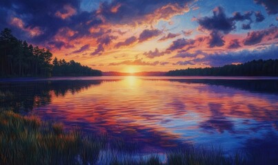 Naklejka premium peaceful lake at sunset, vibrant sky reflected on water, calm ripples, forest shore, vivid realism 