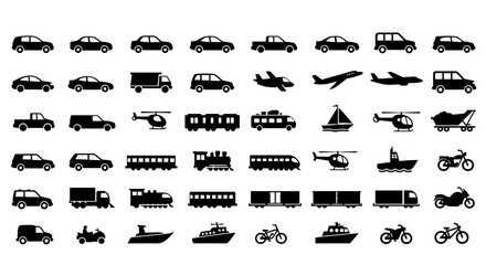 Silhouette icons set featuring various modes of transportation