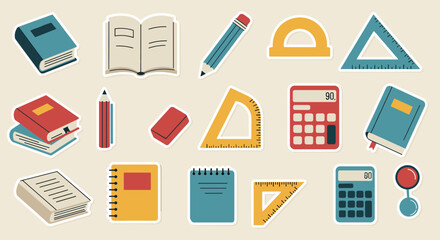 Colorful school supplies icons set on beige background