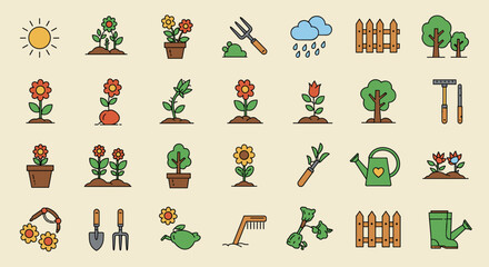 Colorful gardening icons set featuring plants and tools in flat style
