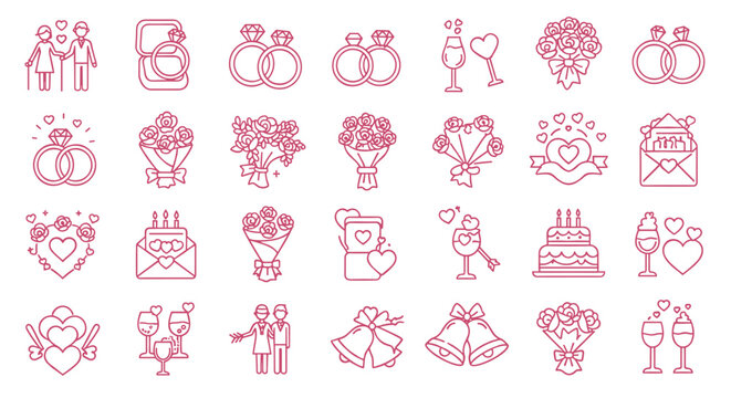 Romantic wedding icon set featuring rings, cakes, and bouquets in minimal line art style