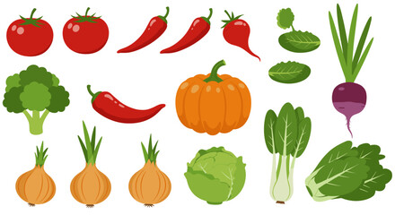 Colorful assortment of vegetables in flat style on white background