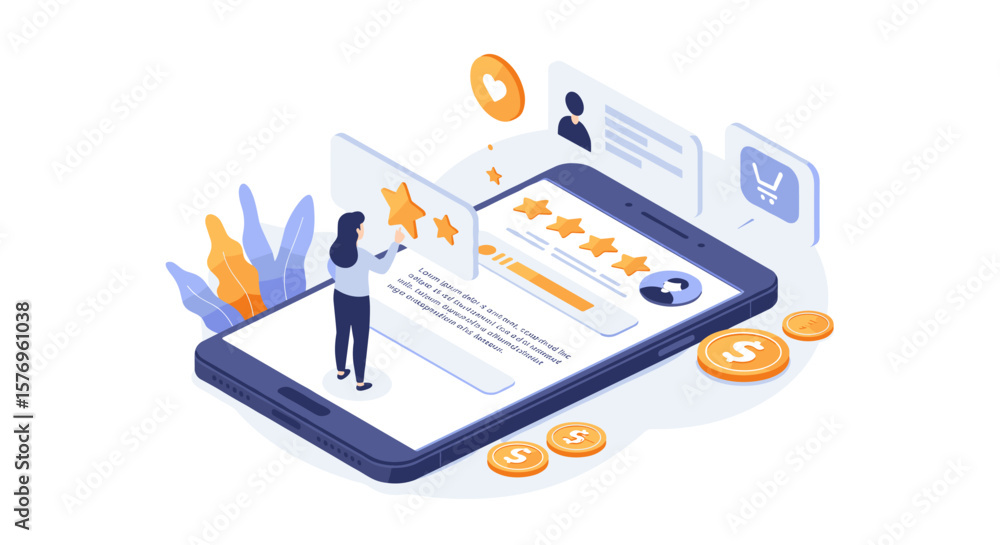 Poster isometric mobile app review concept with user rating system and coins