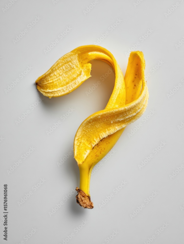 Poster banana peel curled into a question mark shape with blank background creating a humorous visual conce