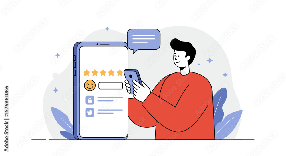 Poster user giving feedback on mobile app interface with five star rating in modern flat style