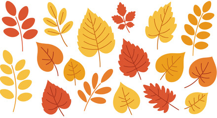 Autumn leaf collection with vibrant fall colors in a flat artistic style