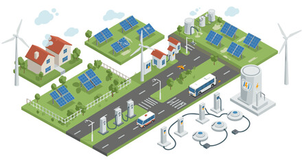 Sustainable energy community with solar panels, electric vehicles, and wind turbines in isometric design