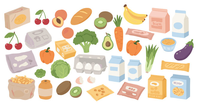 Colorful grocery food items and packaging illustration on white background