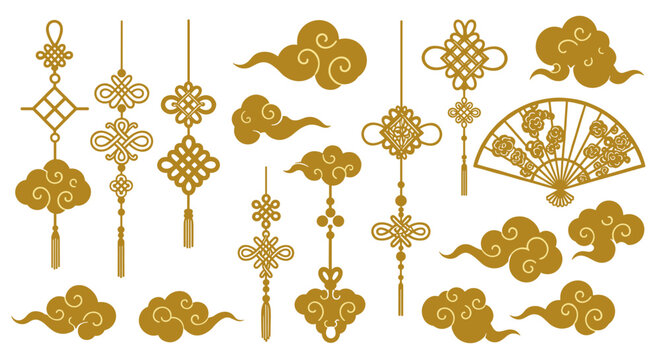 Elegant oriental knot and cloud design elements for traditional decor