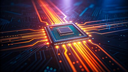Futuristic glowing microchip with circuit lines in digital motherboard technology concept
