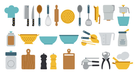 Flat kitchen utensils and tools set for cooking and baking enthusiasts