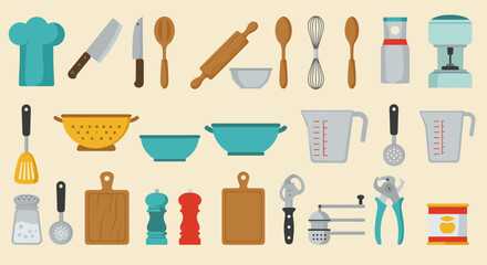 Essential kitchen tools collection: flat design cooking utensils