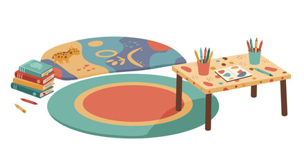 Creative kids area with drawing table circles and books in artistic style