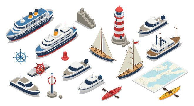 Isometric nautical elements and vessels with lighthouse and map