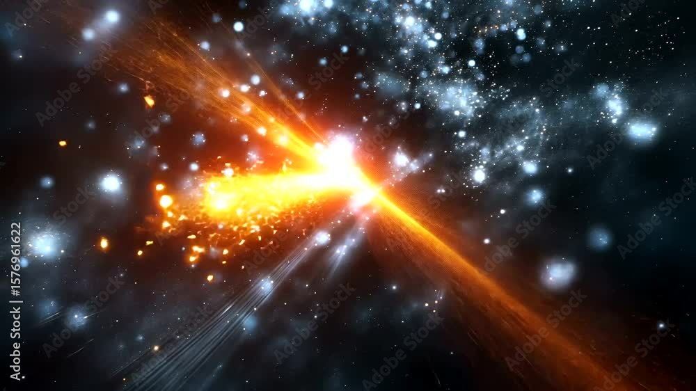 Poster abstract cosmic explosion with glowing particles and energy beams visual effect