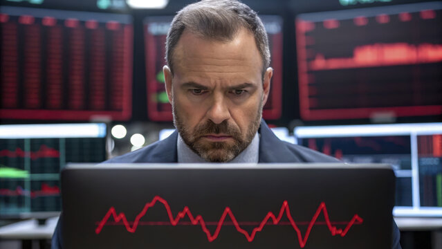 Businessman studies global trade data on laptop, concerned about economic disruption and export impact - Powered by Adobe