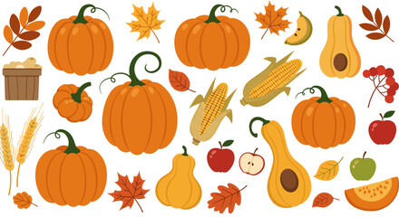 Autumn harvest elements: pumpkins, leaves, and seasonal produce in flat design