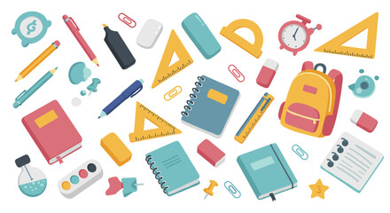 Colorful back to school supplies pattern with notebooks and stationery