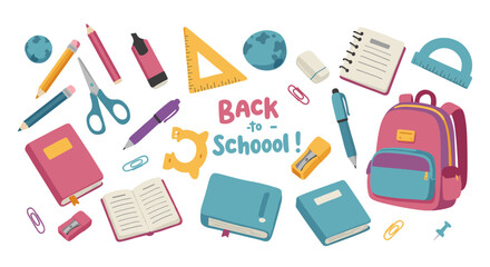 Colorful school supplies pattern with back to school text