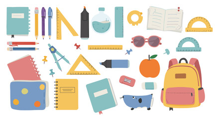 Colorful flat school supplies and stationery set