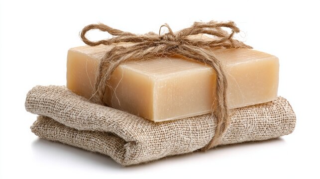 Beige Handmade Soap Wrapped in Muslin Cloth on a Clean White Background for Natural Skincare Enthusiasts