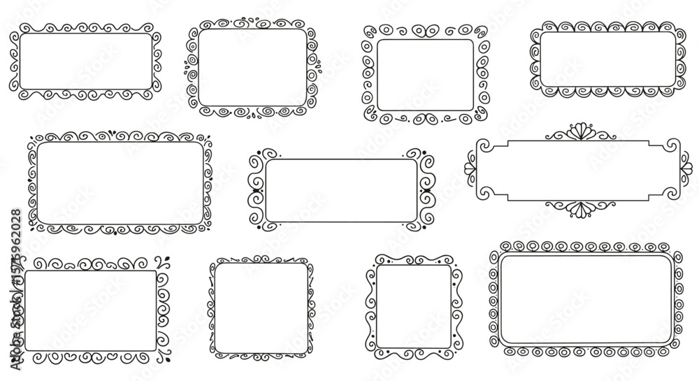 Poster set of ornate decorative frames with swirl patterns in linear design