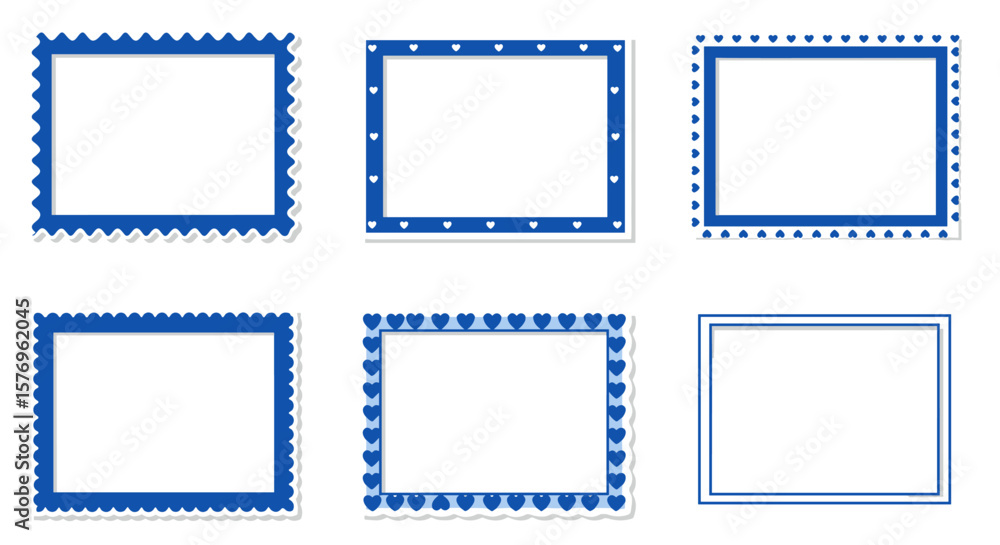 Poster blue frames with heart and wave patterns for decorative borders