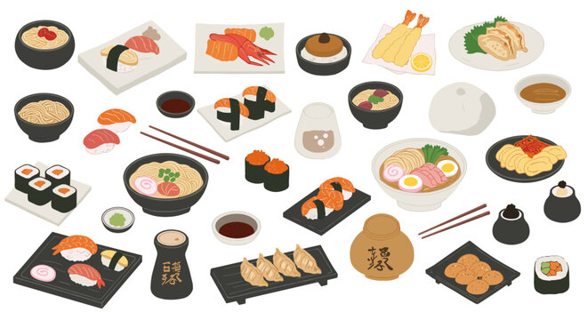 Variety of traditional japanese cuisine in modern flat design