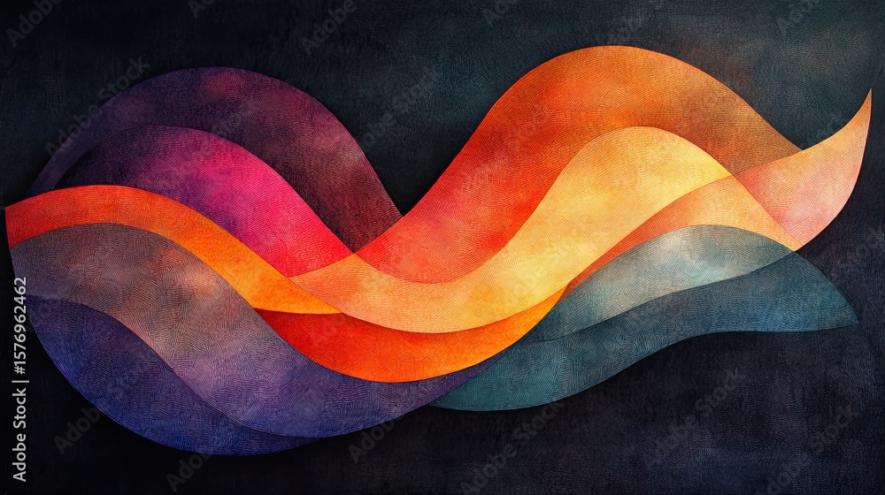Poster abstract design with layered, wavy forms in vibrant colors.