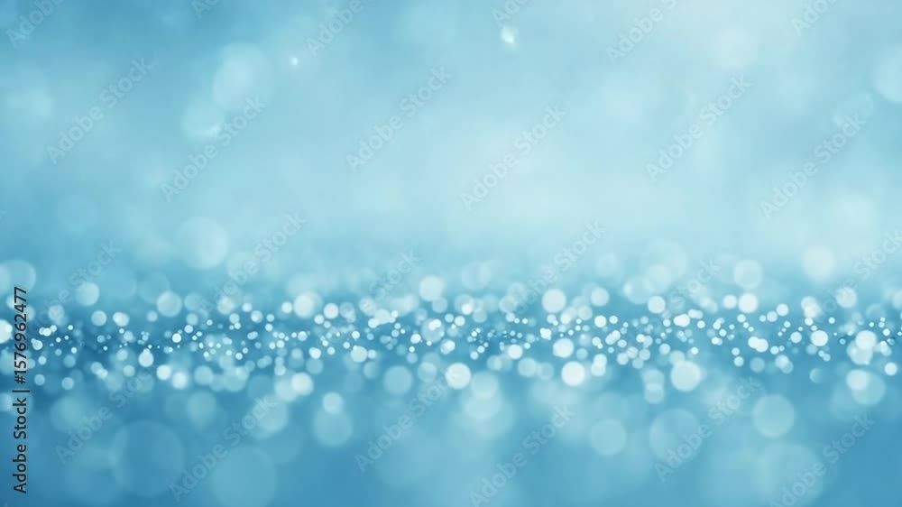 Poster floating sparkling particles on light blue background slow motion