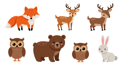 Fototapeta premium Cute forest animals collection with fox, deer, bear, owl, and rabbit