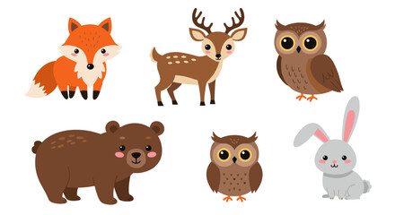 Obraz premium Cute woodland animals in flat style featuring fox, deer, owl, bear, rabbit