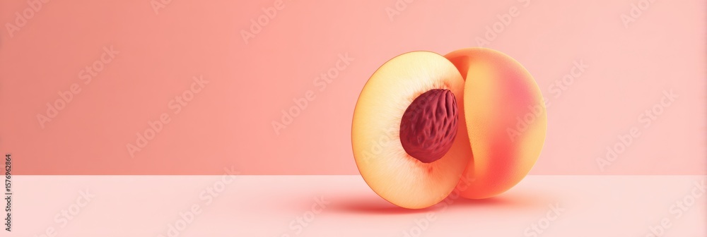 Poster bright stylized peach split open to showcase pit against a minimal backdrop with untouched top layou