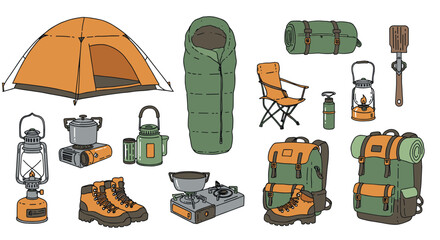 Outdoor camping essentials in flat design with tents and gear