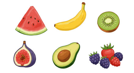 Colorful fruit collection featuring watermelon, banana, kiwi, fig, avocado, and mixed berries