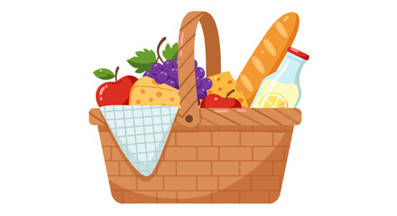Picnic basket with fresh fruits, cheese, and lemonade in flat style