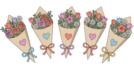 Charming bouquets with colorful flowers in wrapped paper