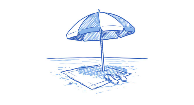 Sketch of beach scene with umbrella and sandals on blanketed shoreline