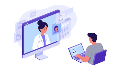 Fototapeta premium Virtual medical consultation in modern office setting with doctor on screen
