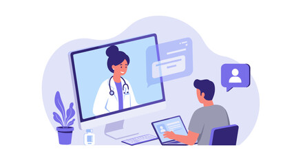 Virtual health consultation with doctor on screen in home office setting