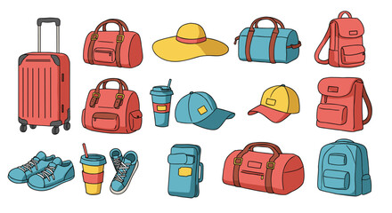 Fashionable travel essentials: colorful bags, accessories, and apparel collection